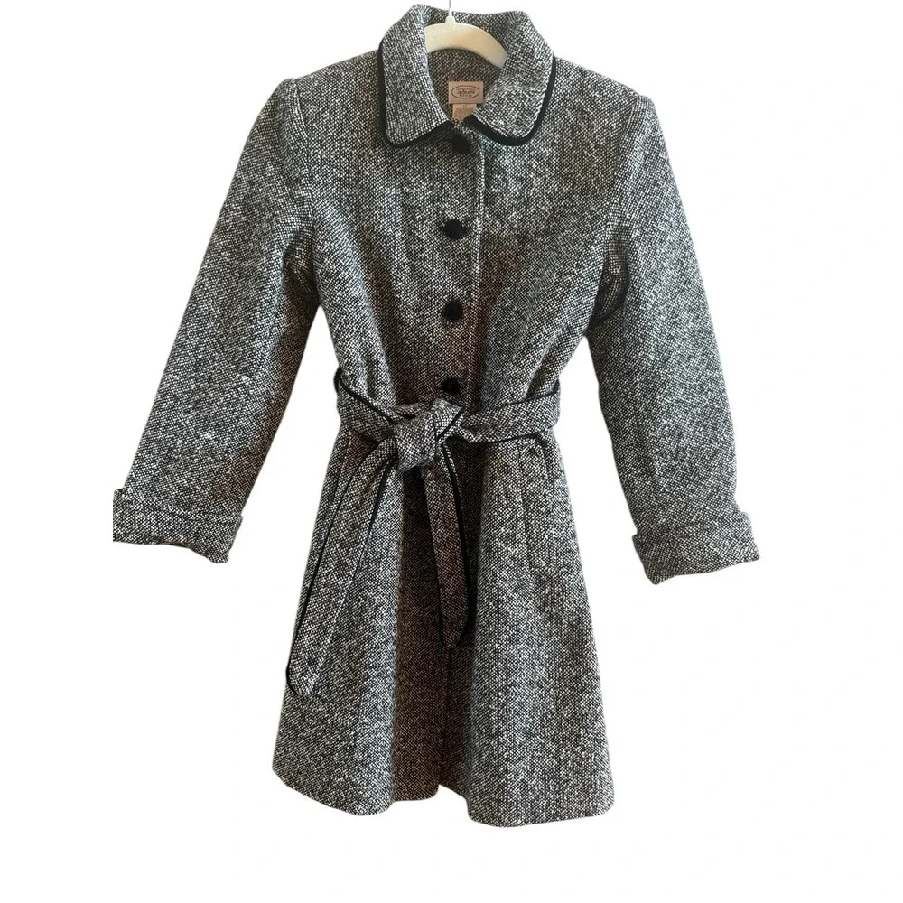 Talbots Kids Girls Size 12 Black White  Herringbone Wool Blend Knee Length  Coat